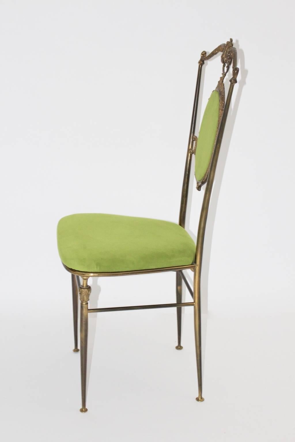 Italian Mid Century Modern Chiavari Brass and Green Vintage Side Chair, 1950s, Italy