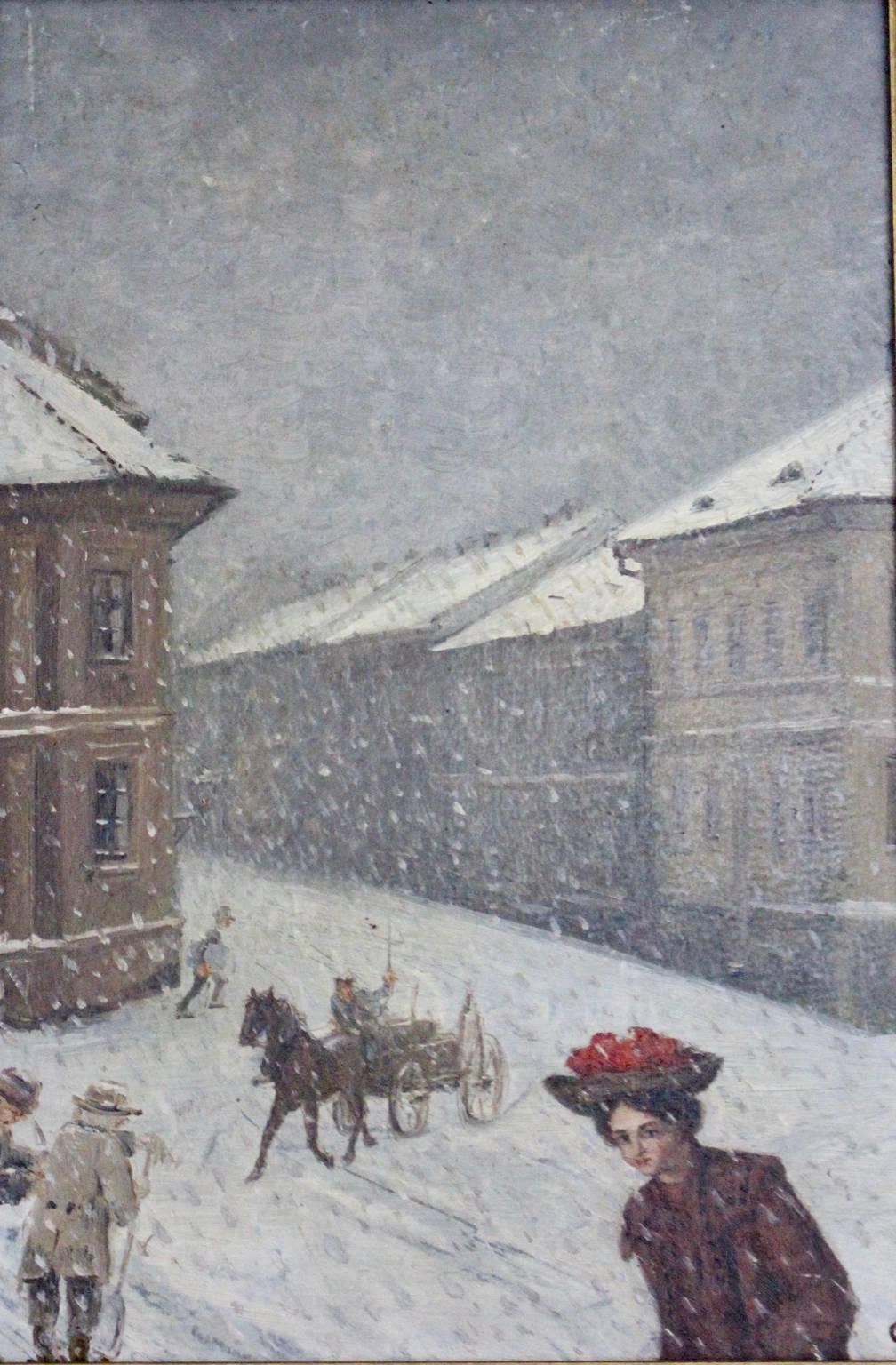 Jugendstil painting by Emil Fiala, 1906 Vienna.
A wonderful oil painting by Emil Fiala with a stylish winter scene in Gersthof.  ( Gersthof is a part of Vienna town. )
Oil on cardboard with a golden frame, frame is included.
The painting shows