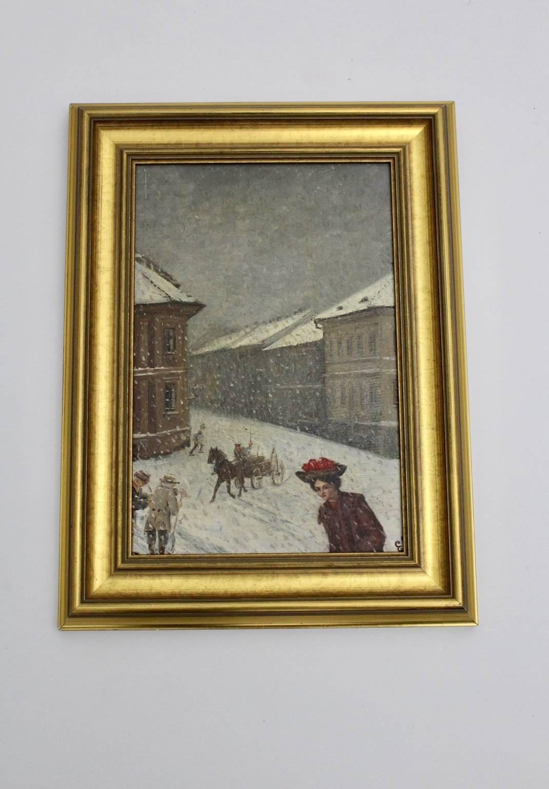 Paper Jugendstil Painting Wintertime in Vienna Emil Fiala, 1906 Vienna