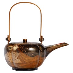 Japanese Wajima Lacquer Chōshi with Crashing Waves and Rocks in Gold Maki-e