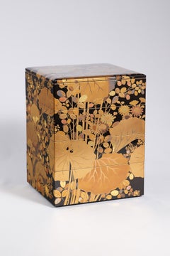 Japanese Wajima Lacquer Four-Tier Jubako with Autumn Grasses in Maki-e and Raden