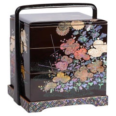 Meiji Period Nagasaki Raden Three-Tier Jubako with Chrysanthemums