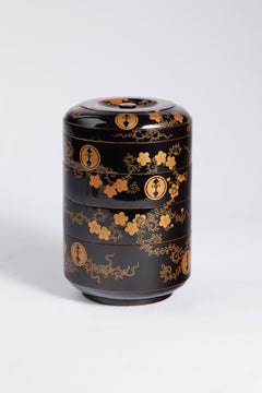 Edo Period Japanese Lacquer Four-Tier Jubako with Crane Crests and Gold Maki-e