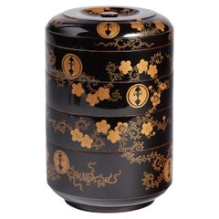 Edo Period Japanese Lacquer Four-Tier Jubako with Crane Crests and Gold Maki-e