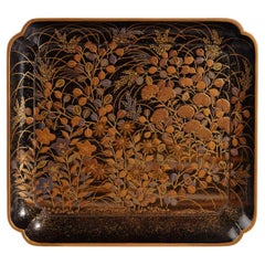 Edo Period Japanese Kaga Lacquer Tray with Autumn Grasses in Gold Maki-e