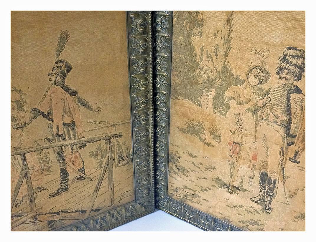 Pair of French or Flemish Tapestries, Signed P. Groller 99, France, circa 1899. Jacquard or drawloom, black and natural cotton and silk weft, multicolored cotton or linen warp, green, rose gold and white. Pictorial strolling couples in landscape, in