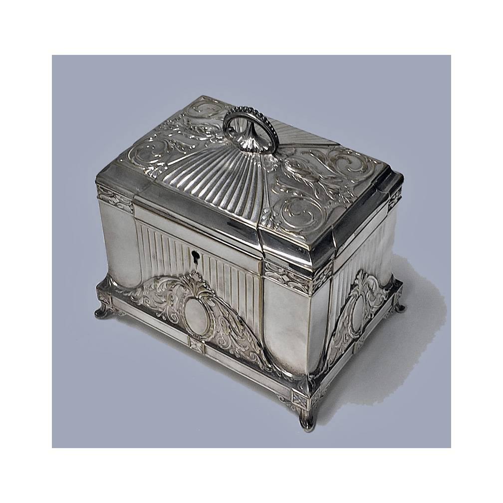WMF jugendstil Secessionist silver plate jewelry box, Germany, circa 1900. The box of rectangular shape on four turned stylized supports, conforming in style to cornices and decoration of sides and concave dome shape hinged cover with hemispherical