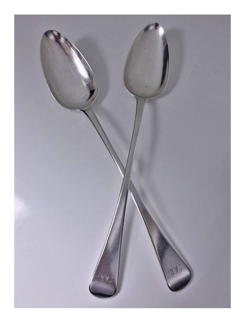 Pair of Georgian silver serving spoons, London, 1811 Eley, Fearn & Chawner. Old English, possible monigram HR. Measures: Length 12 inches. Weight: 239.3 grams.

  