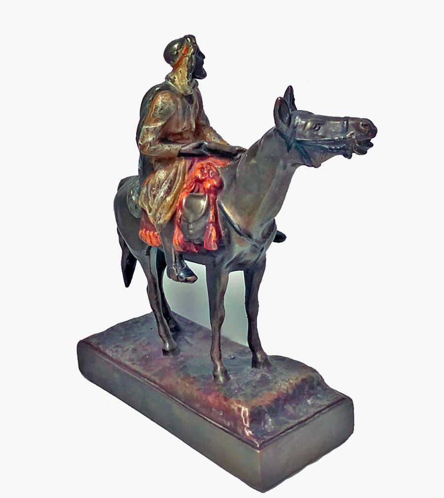 Austrian cold painted bronze of an Arab male huntsman seated on horse, possibly Franz Xaver Bergman, circa 1900. Measures: Approximately 8 x 9 inches. Condition: Some paint loss commensurate with age.