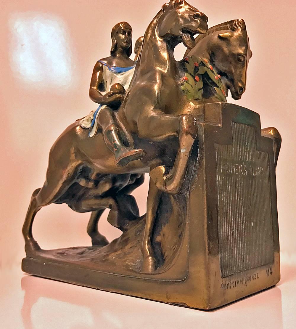 Large Pair of Bronze Clad Equestrian Bookends by Pompeian Bronze, circa 1920 In Good Condition In Toronto, Ontario