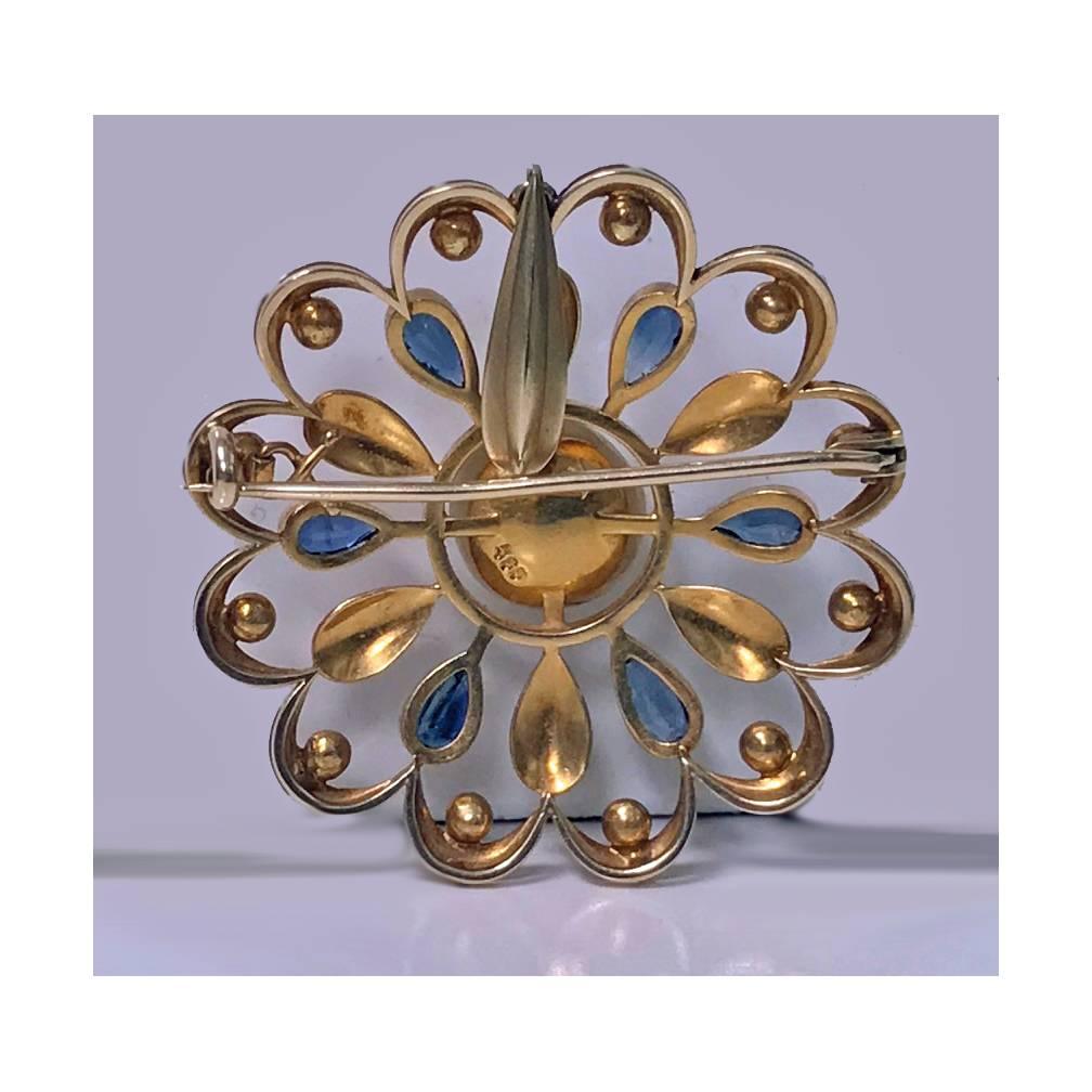 Rare David Andersen Gold Pearl Sapphire Necklace, Brooch and Earrings In Excellent Condition In Toronto, Ontario