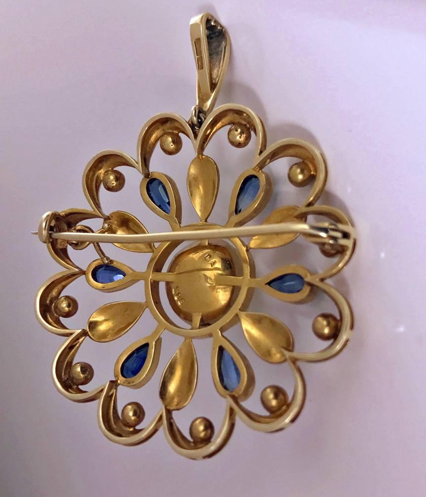 Rare David Andersen Gold Pearl Sapphire Necklace, Brooch and Earrings 2