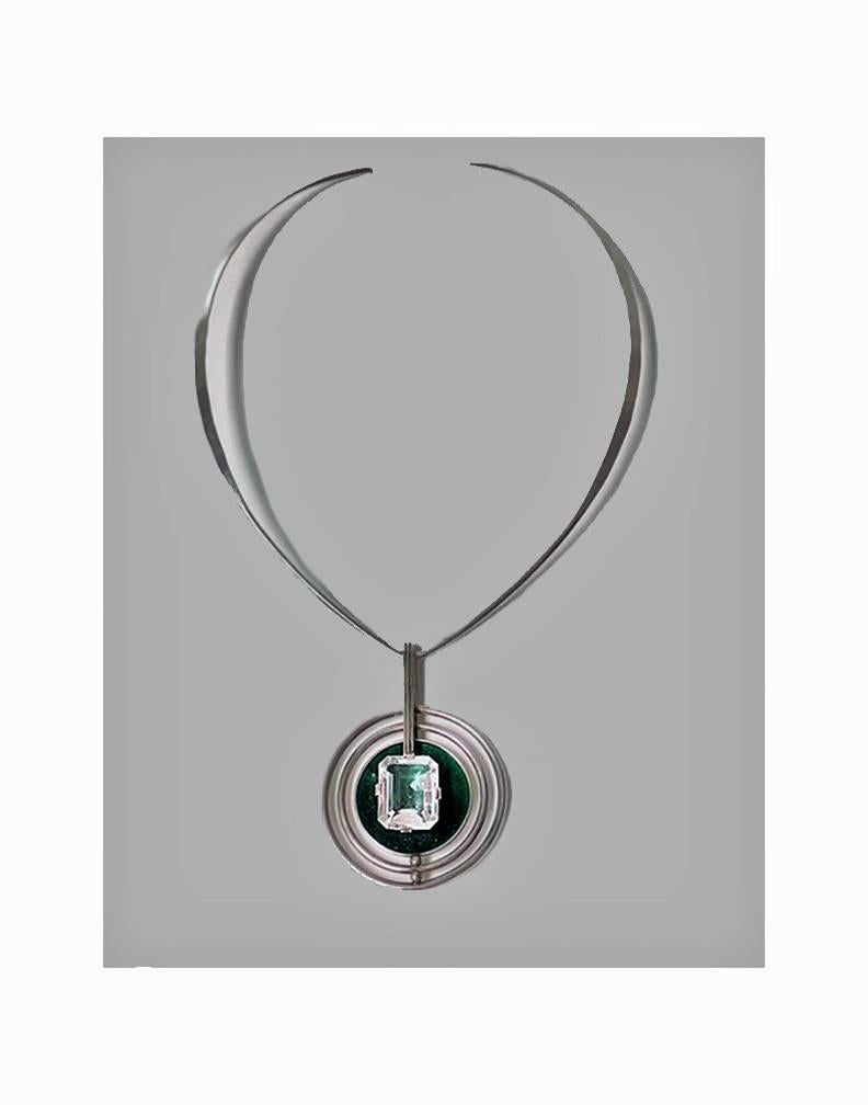 Rare Scandinavian modernist sterling quartz and enamel torque necklace, David Andersen, Norway, circa 1960. The drop of concentric open wire design with vibrant solid green enamel concave centre, surmounted with claw set large emerald cut clear
