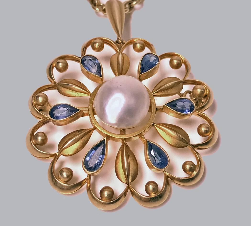 Norwegian David Andersen custom Gold Pearl Sapphire Necklace, Brooch and Earrings