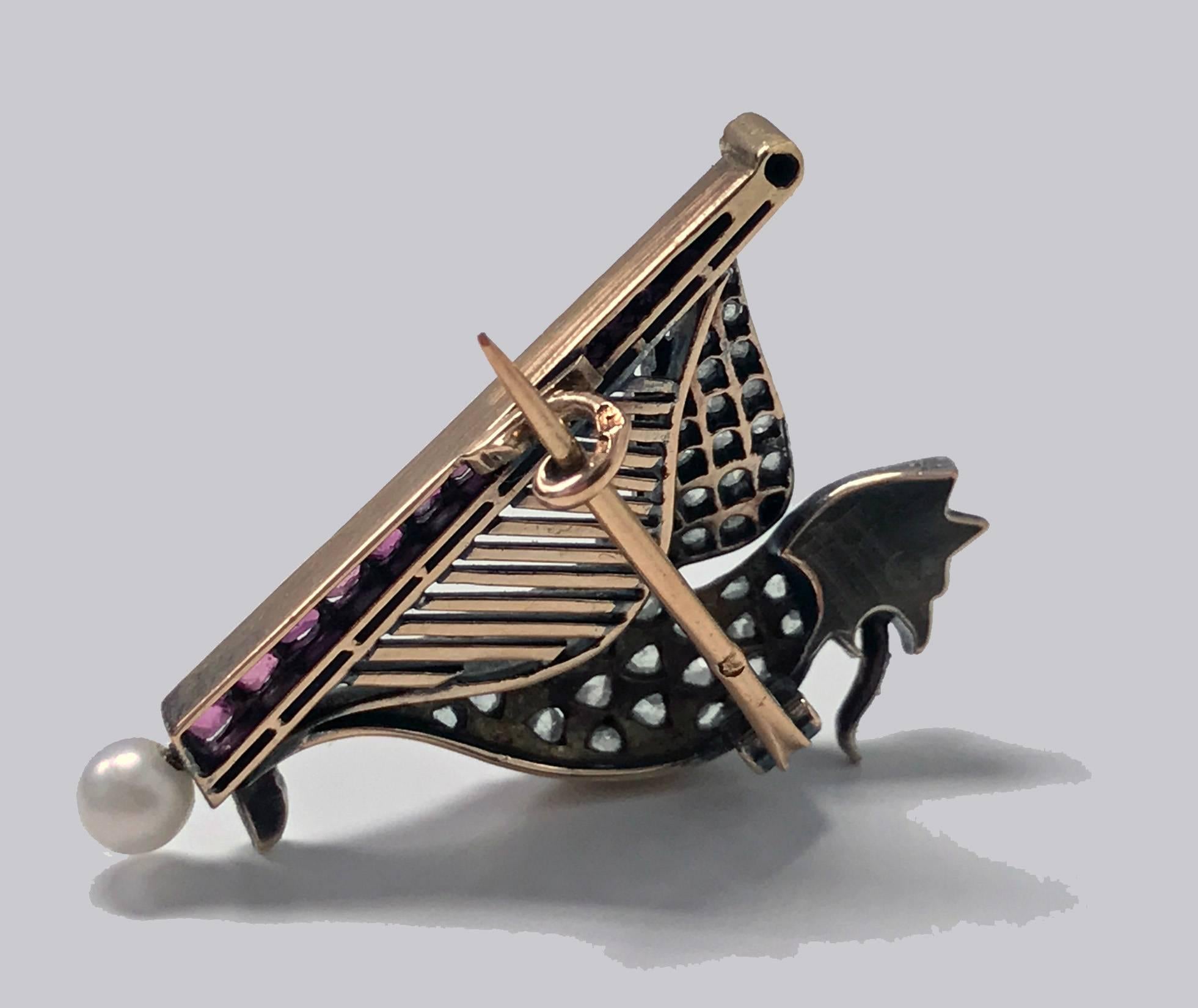 Mythical 19th Century French Griffin Lyre Ruby, Diamond, Pearl Gold Brooch In Good Condition In Toronto, Ontario