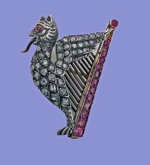 Mythical 19th Century French Griffin Lyre Ruby, Diamond, Pearl Gold Brooch