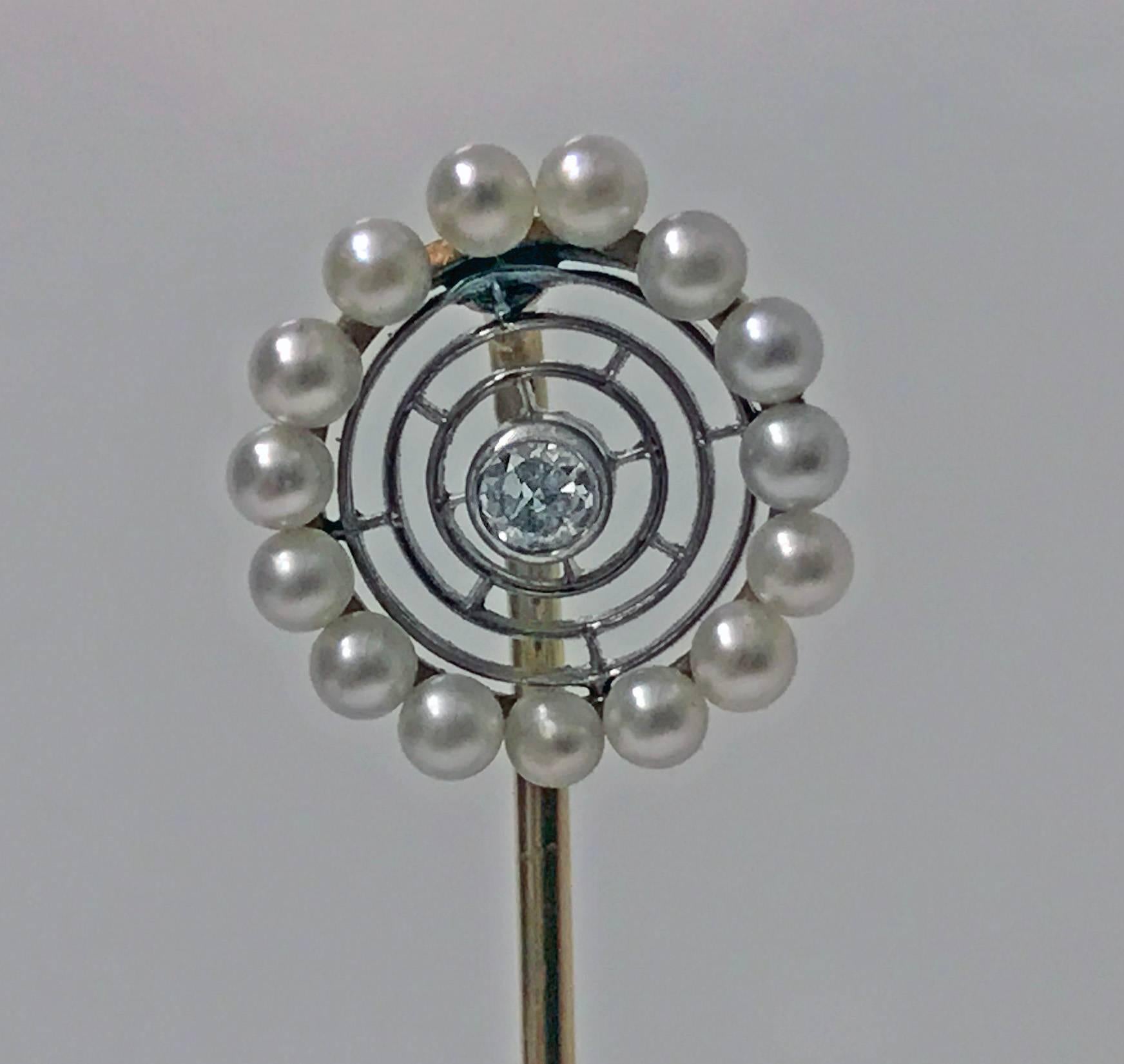 Hans Brassler Diamond, Pearl, Gold and Platinum Stickpin, American, circa 1900 1