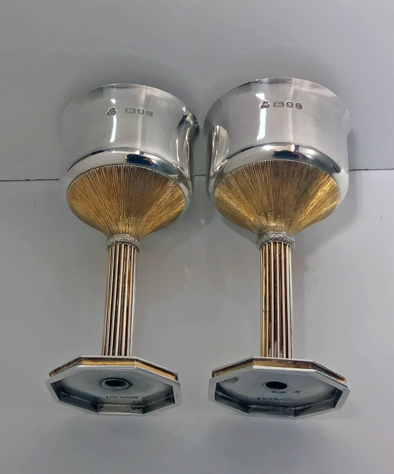 Modern Pair Mid Century Sterling Silver Gilt Goblets, London, 1978 Wakely and Wheeler