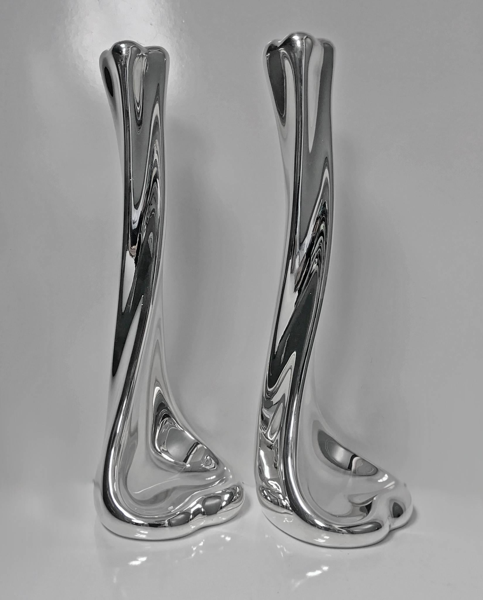 Pair of Tiffany Sterling Elsa Perreti design sterling bone candlesticks. Measures: Height: 9.5 inches. Weight: 668 grams.