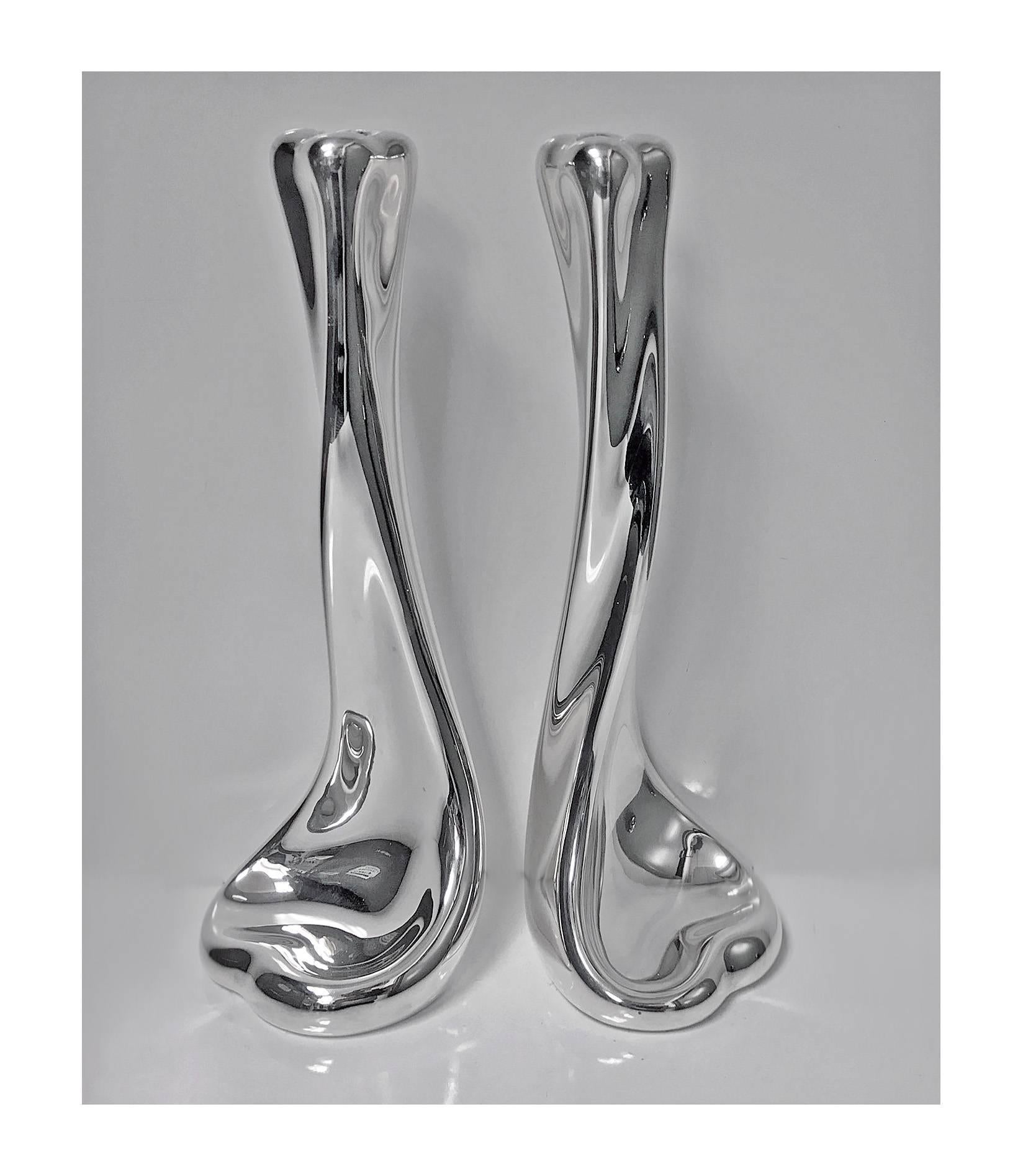Pair of Tiffany Sterling Elsa Perreti Design Sterling Bone Candlesticks In Excellent Condition In Toronto, Ontario