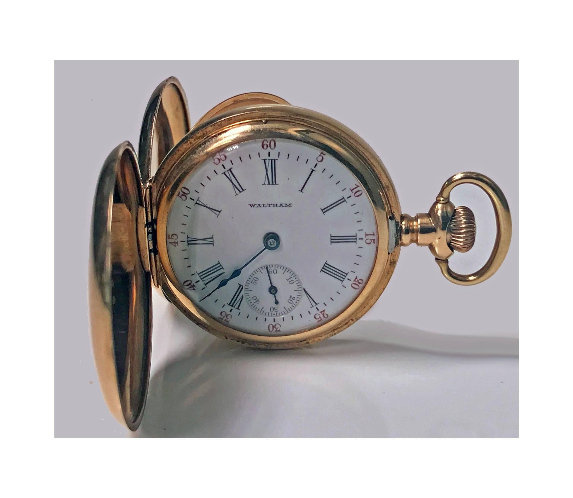 American Waltham 14-Karat Stem Wind Gold Hunter Case Pocket Watch, circa 1900 1