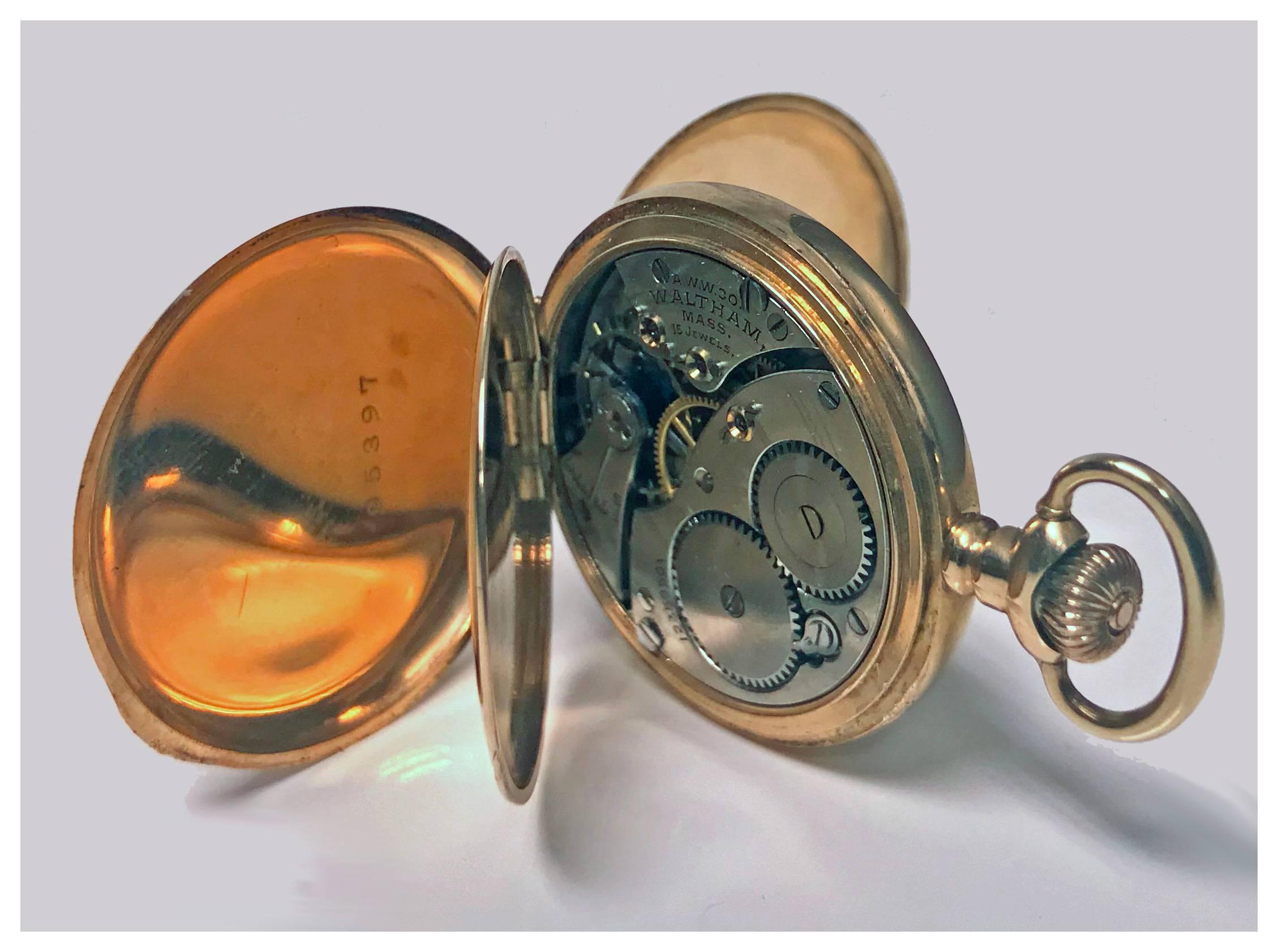 19th Century American Waltham 14-Karat Stem Wind Gold Hunter Case Pocket Watch, circa 1900