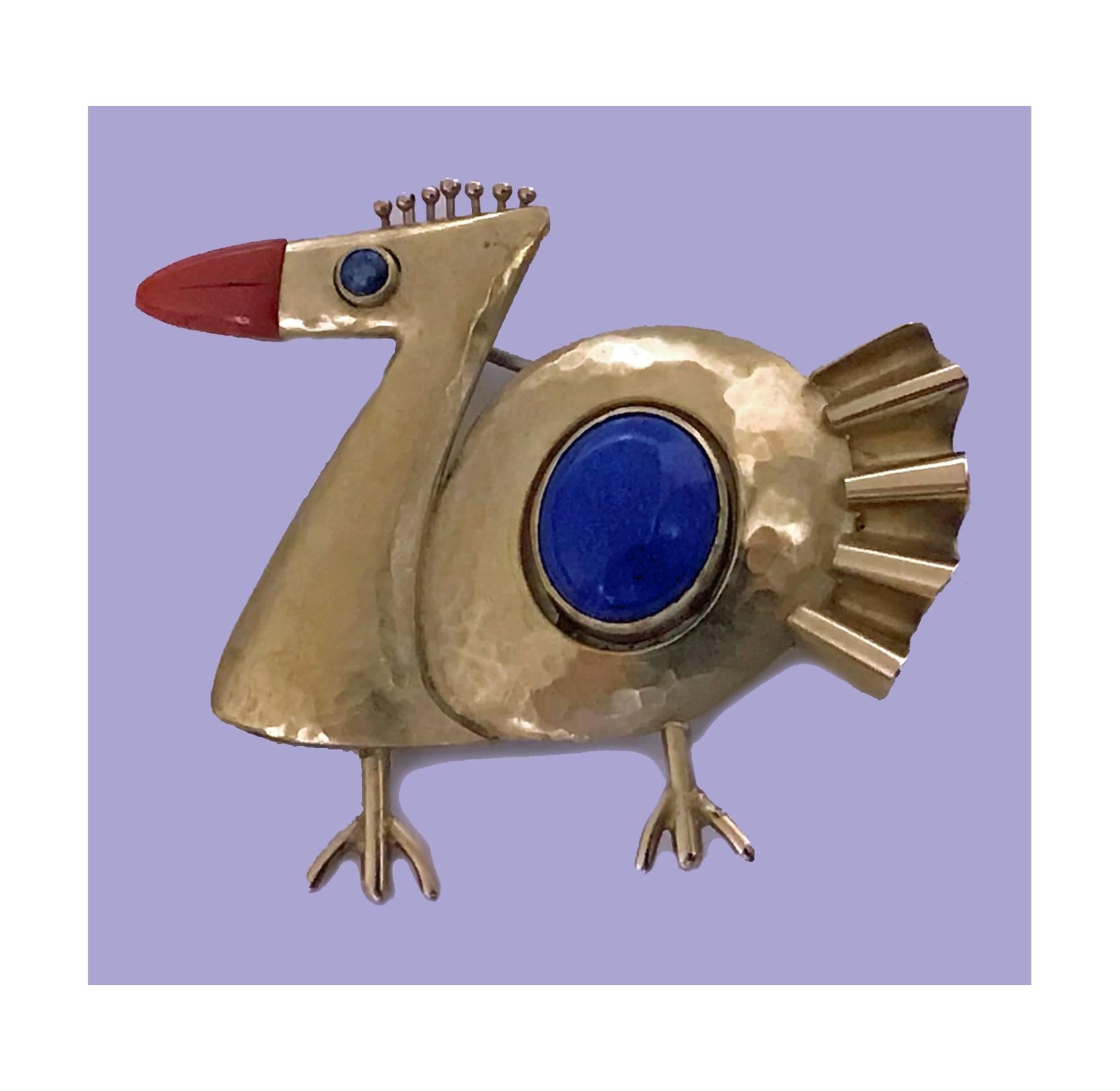 Walter Schluep 18-karat abstract bird Brooch Pin, 2003. Bezel set lapis body, sapphire eye and carnelian beak. Fully signed on reverse and engraved MH Dec 23 2003. Spanish born, Geneva trained, Schluep emigrated to Montreal, was renowned for