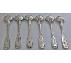 Set of Six Georgian Silver Fiddle Thread Master Salt Spoons, London 1829, Thomas
