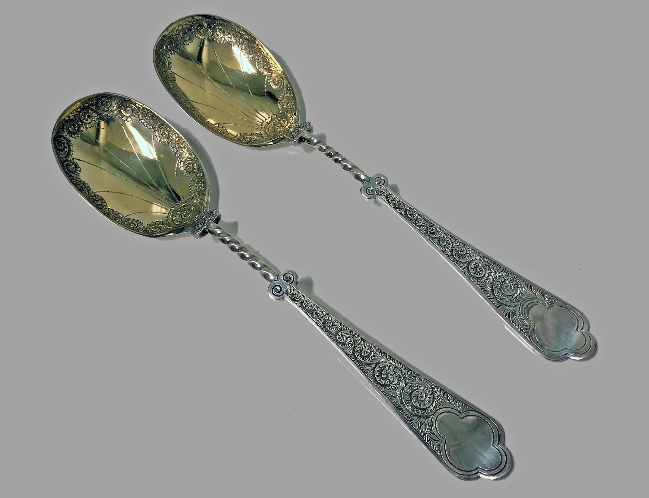 Antique Vermeil and Silver Plate Fruit Serving Set in fitted box, English, C. 1880, William Henry Beaumont & Co. The set comprising pair of fruit berry serving spoons, gilded bowls, twist spiral stems, scroll foliage tapered handles, together