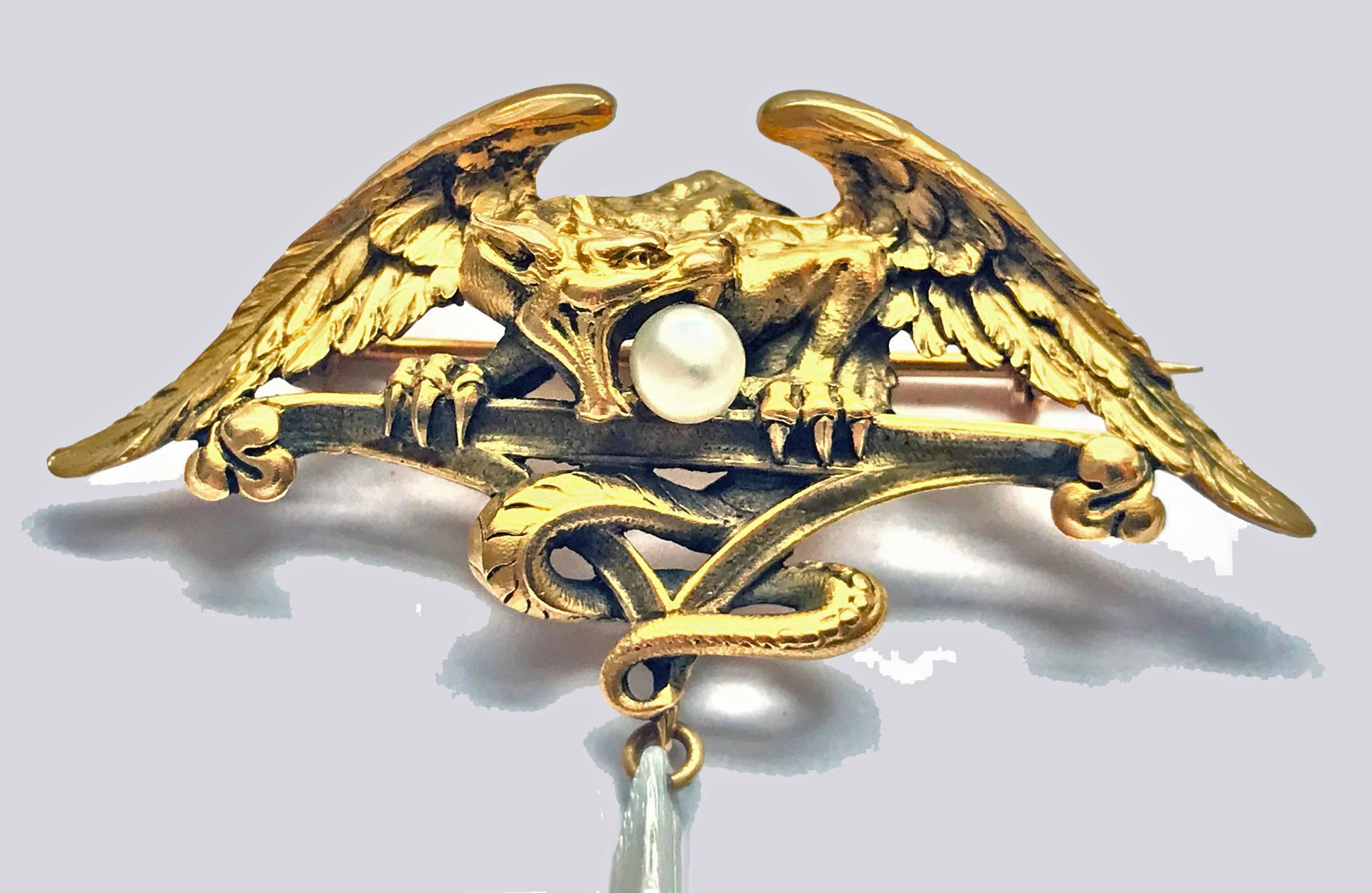 European French Art Nouveau 18K Mythological Brooch Pendant, circa 1900