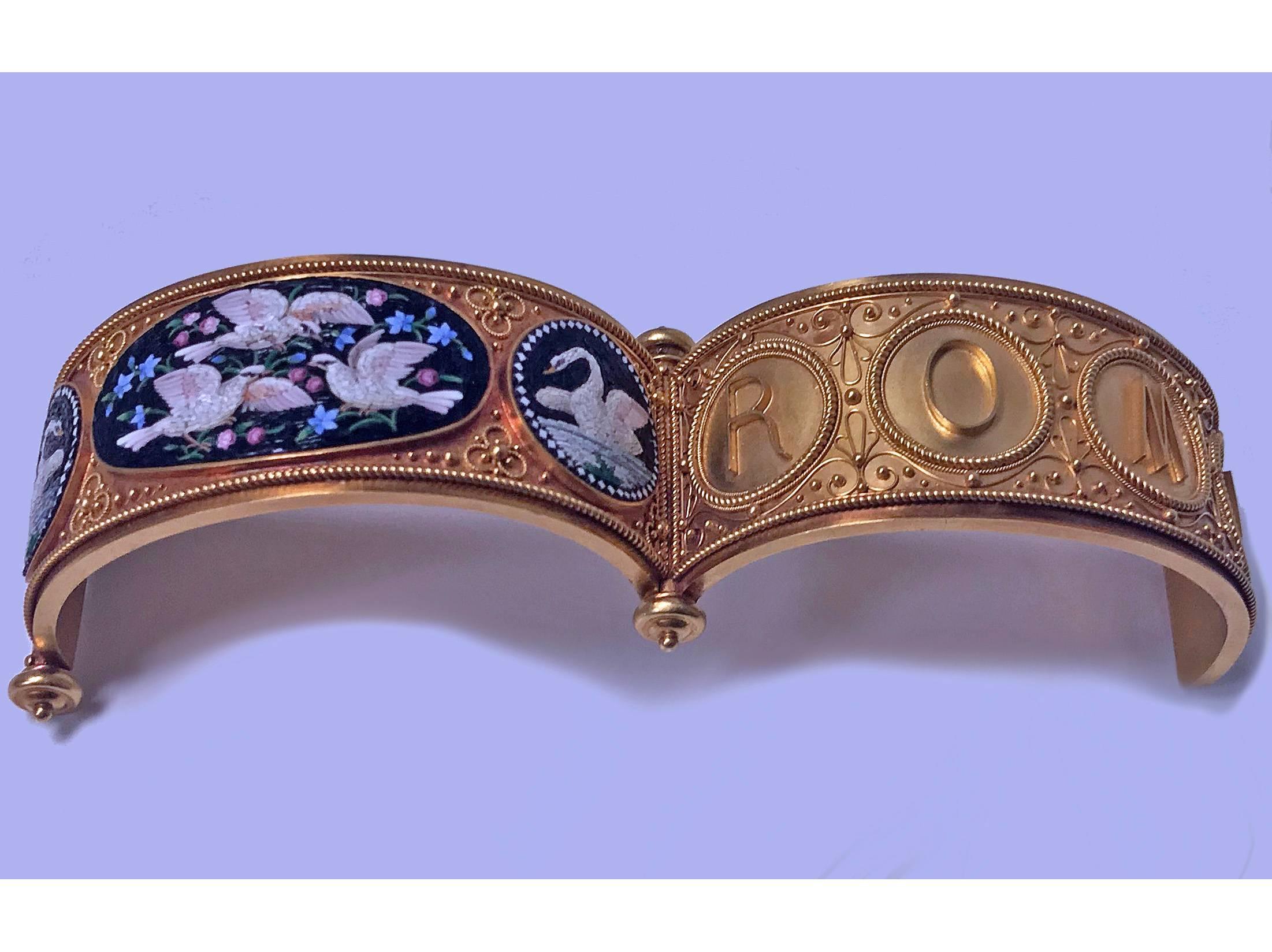 Italian Rare Fine Roccheggiani Gold Mosaic Bangle Bracelet, circa 1870