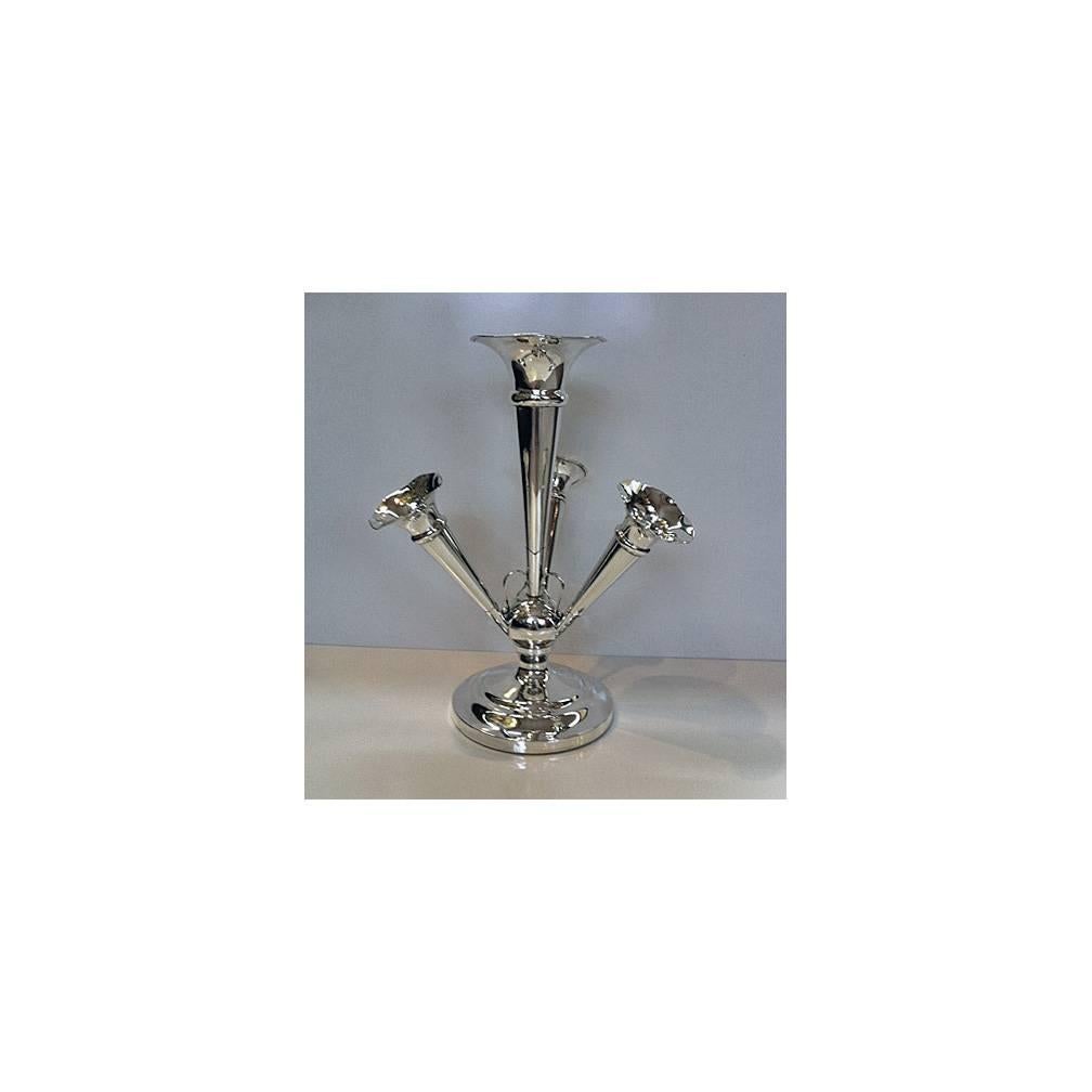 Antique silver epergne, Birmingham 1915, Martin Hall & Co. The epergne with four tapered trumpet vases on circular base. Measures: Height 12 inches. Gross weight: 24.5 oz. (loaded base).