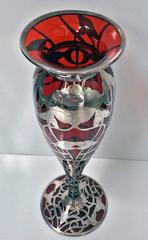 Art Nouveau ruby glass vase with Sterling Silver overlay, American C.1900