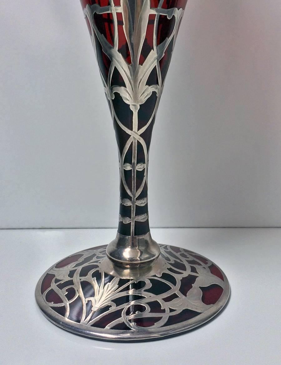 Art Nouveau Ruby Glass Vase With Sterling Silver Overlay American C 1900 At 1stdibs