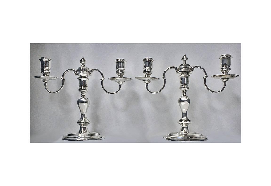 English Queen Anne Style Sterling Candelabra Candlesticks, London, 1956, Harrods