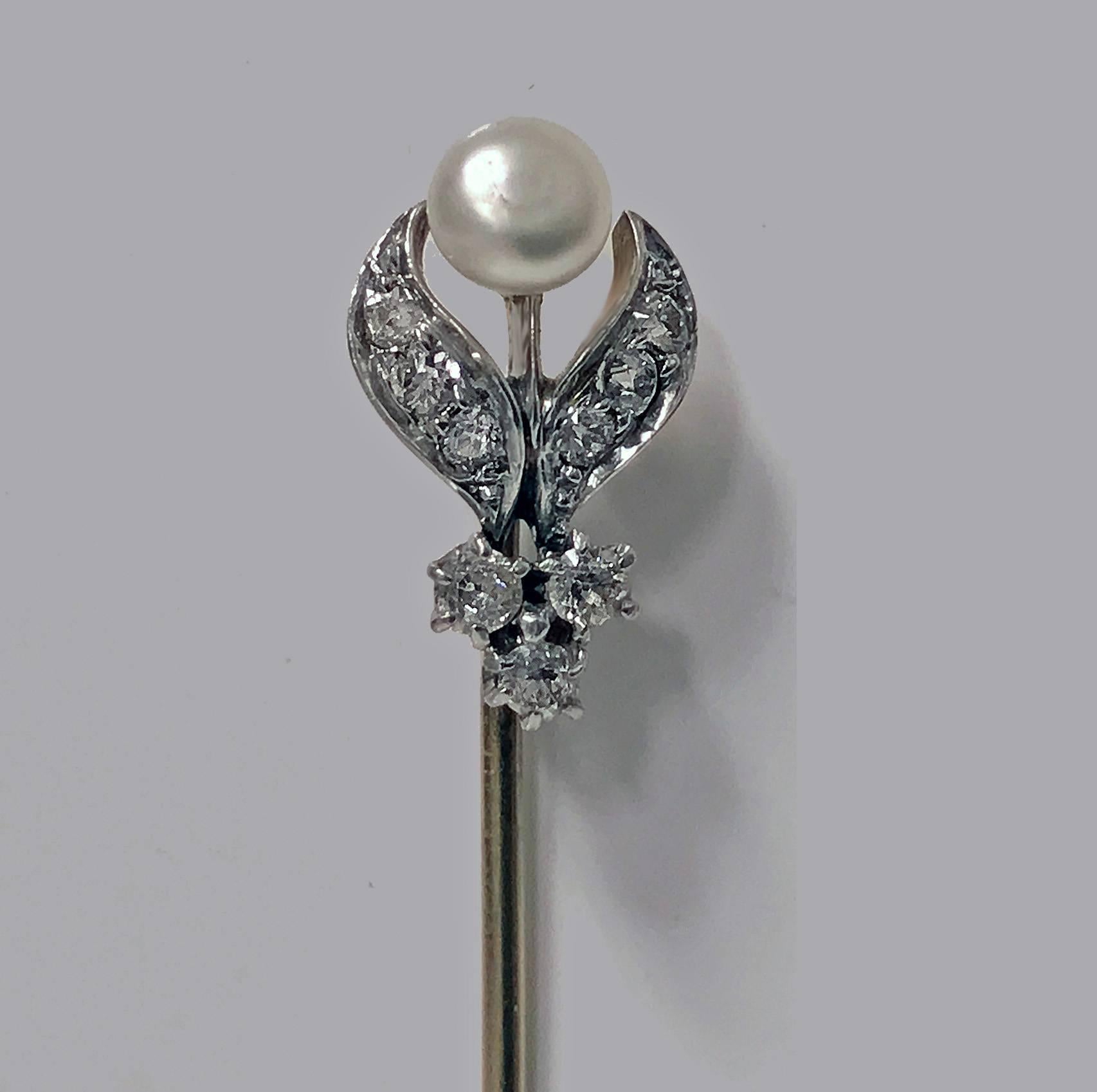 Belle Époque Platinum, 18-Karat, Diamond and natural Pearl Stickpin, circa 1910