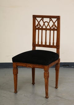 French Neoclassical Style Carved Oak Side Chair with Black Suede Seat