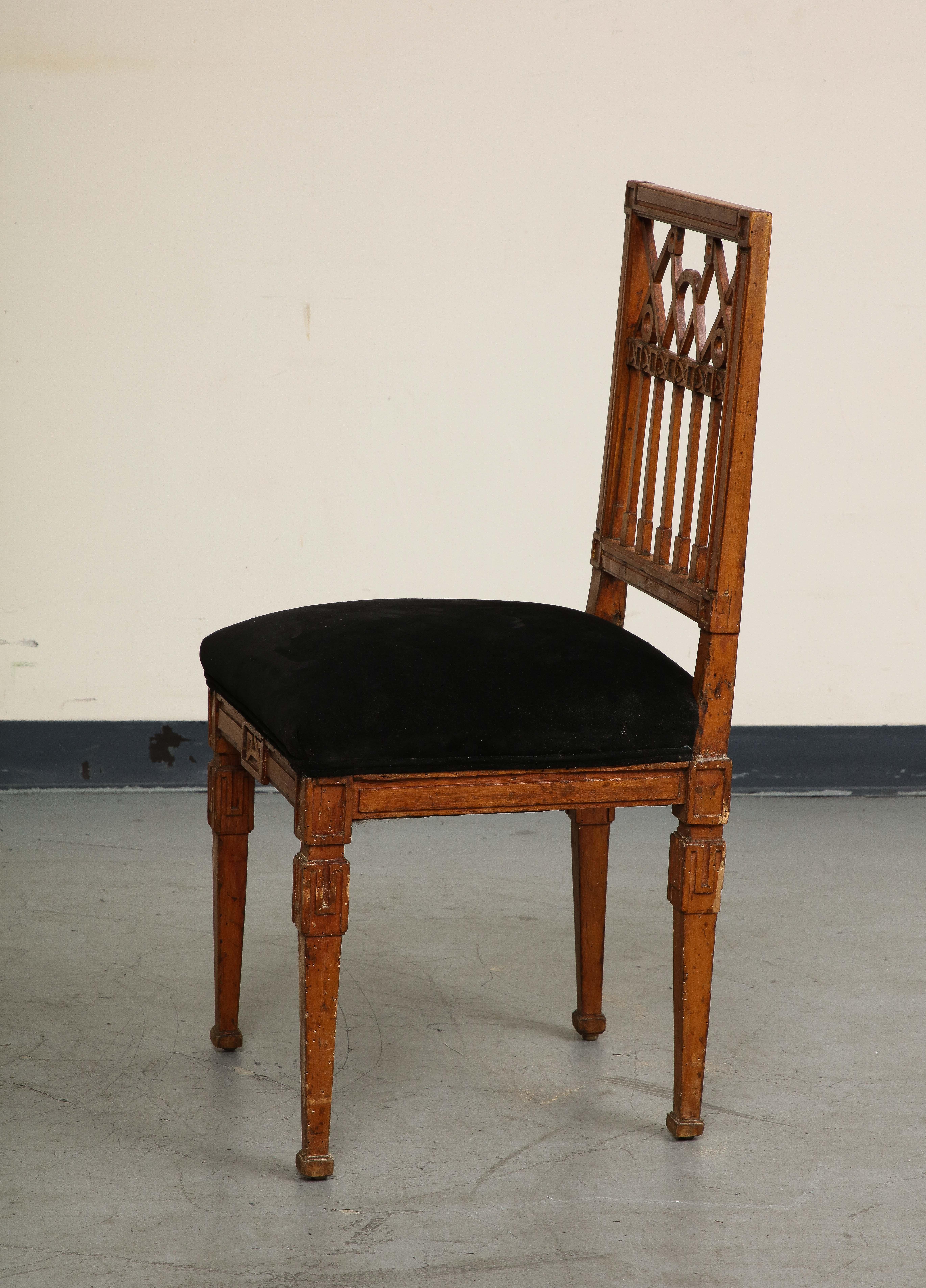 Wood French Neoclassical Style Carved Oak Side Chair with Black Suede Seat