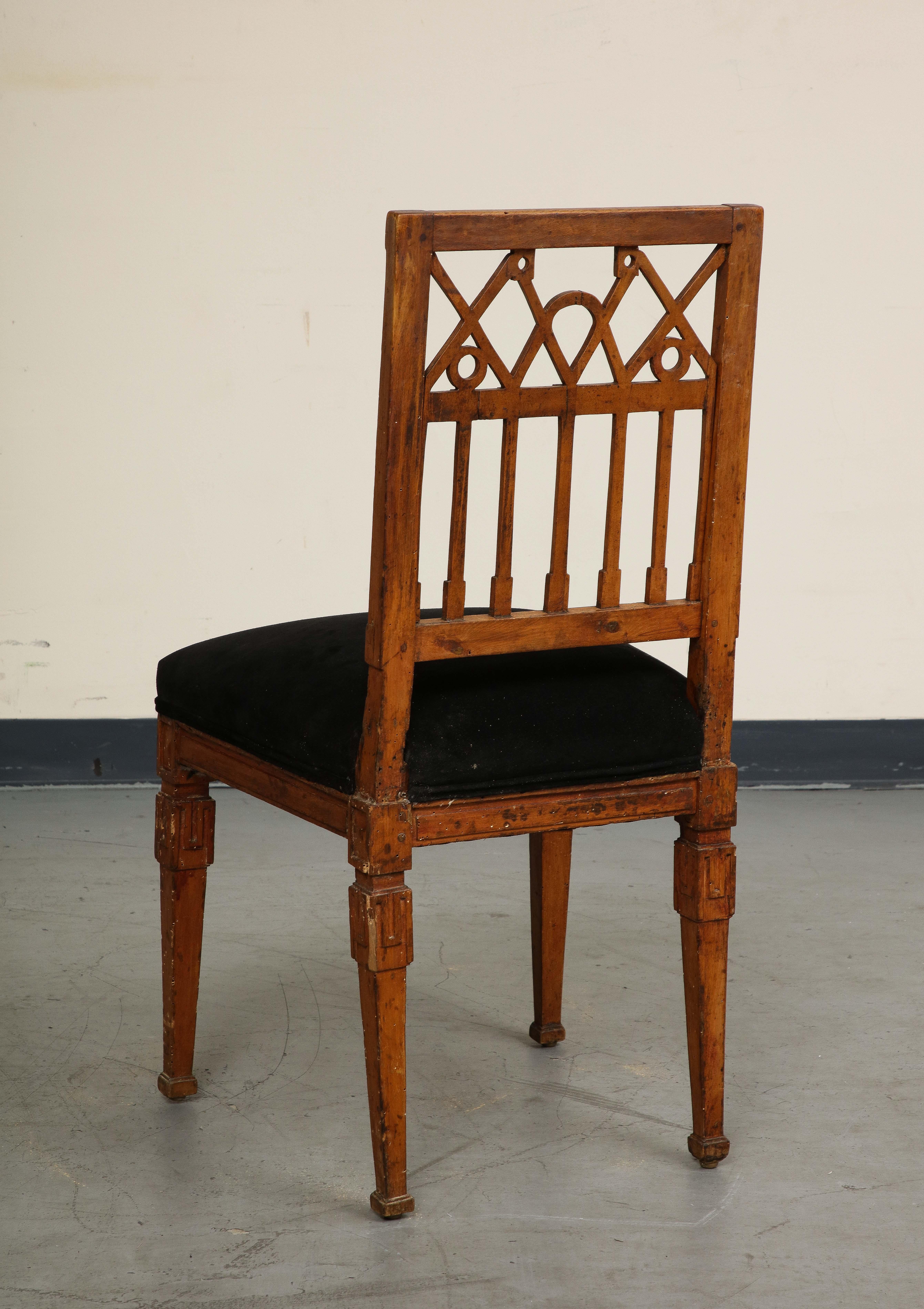French Neoclassical Style Carved Oak Side Chair with Black Suede Seat 2