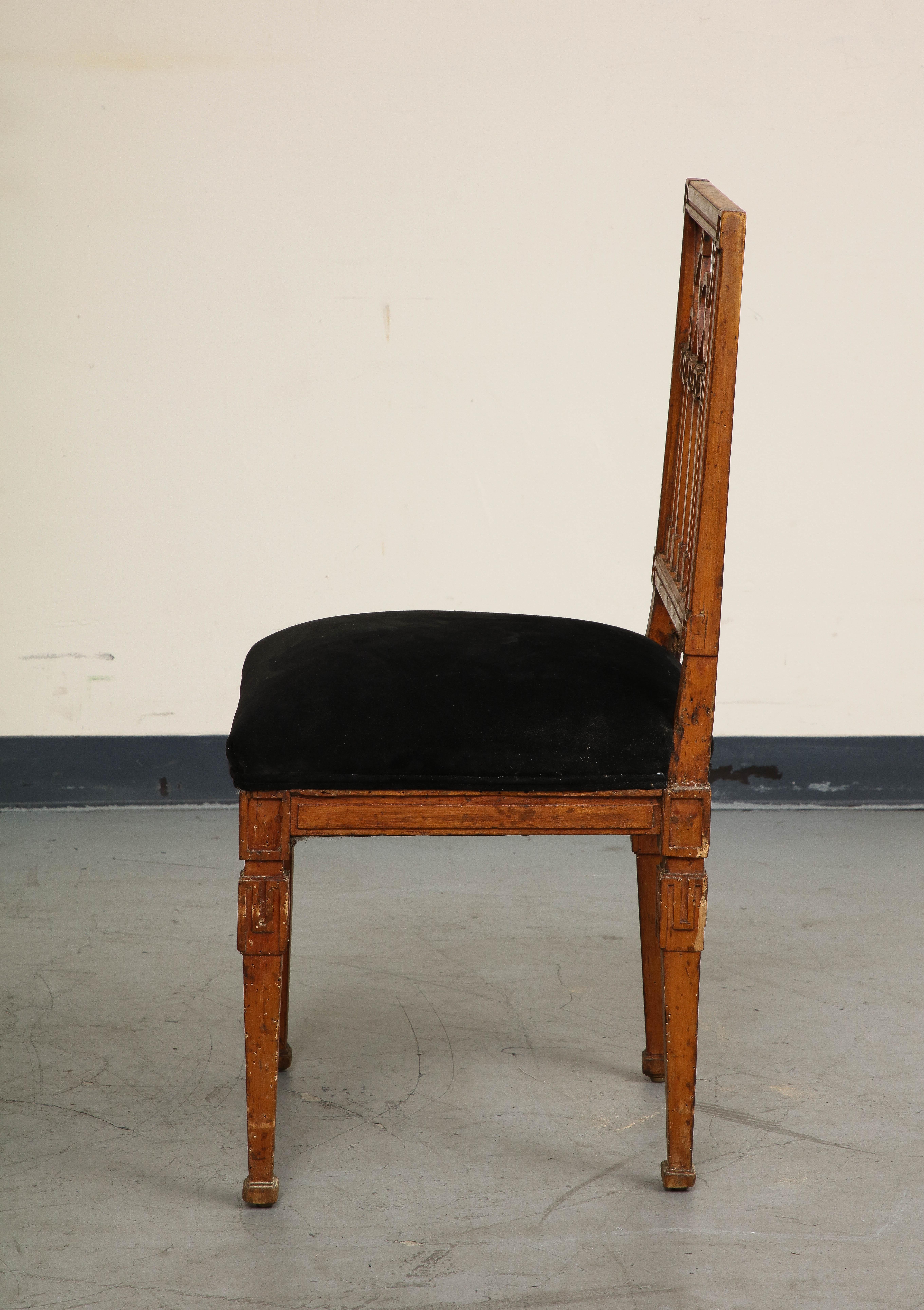 French Neoclassical Style Carved Oak Side Chair with Black Suede Seat 1