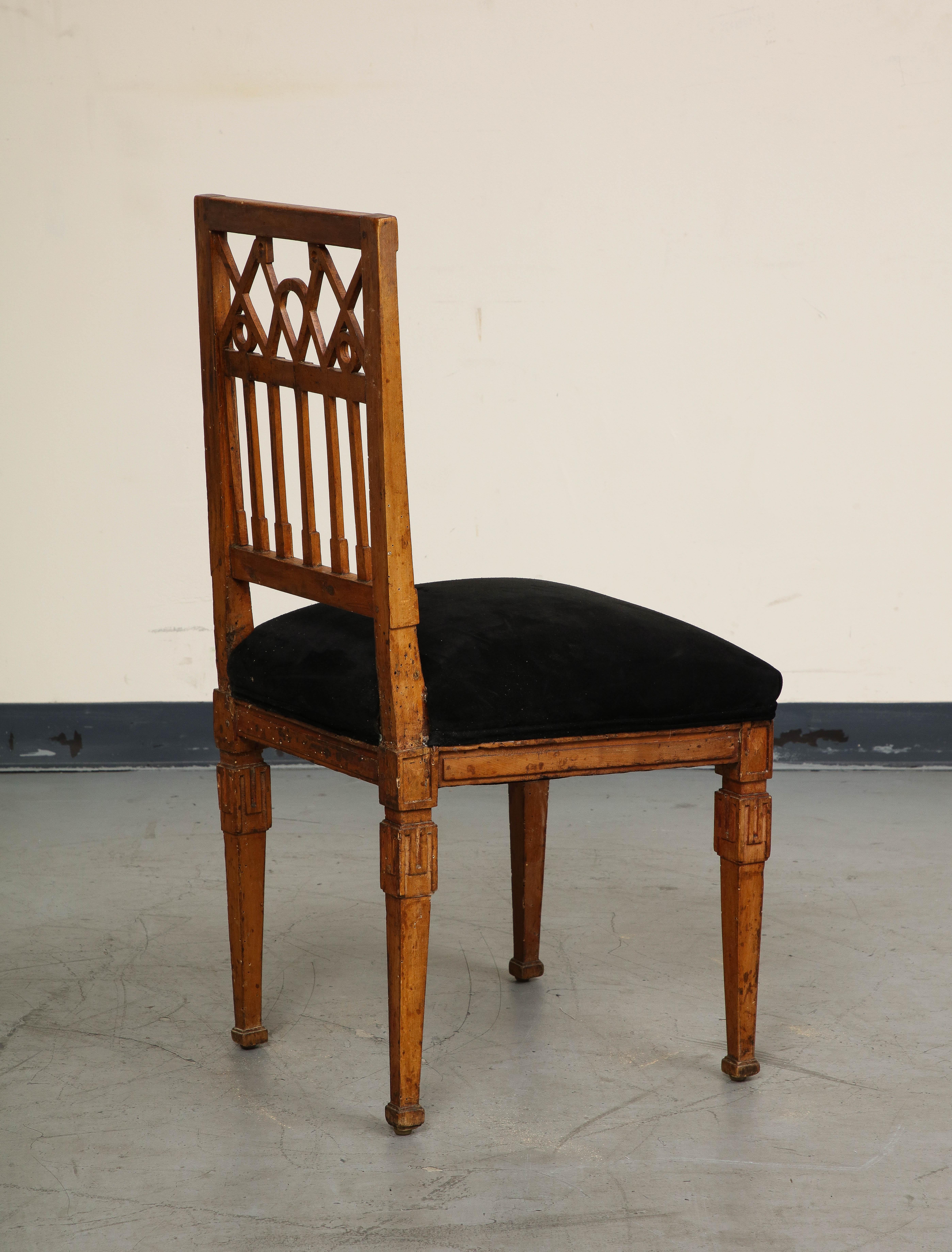 French Neoclassical Style Carved Oak Side Chair with Black Suede Seat 4