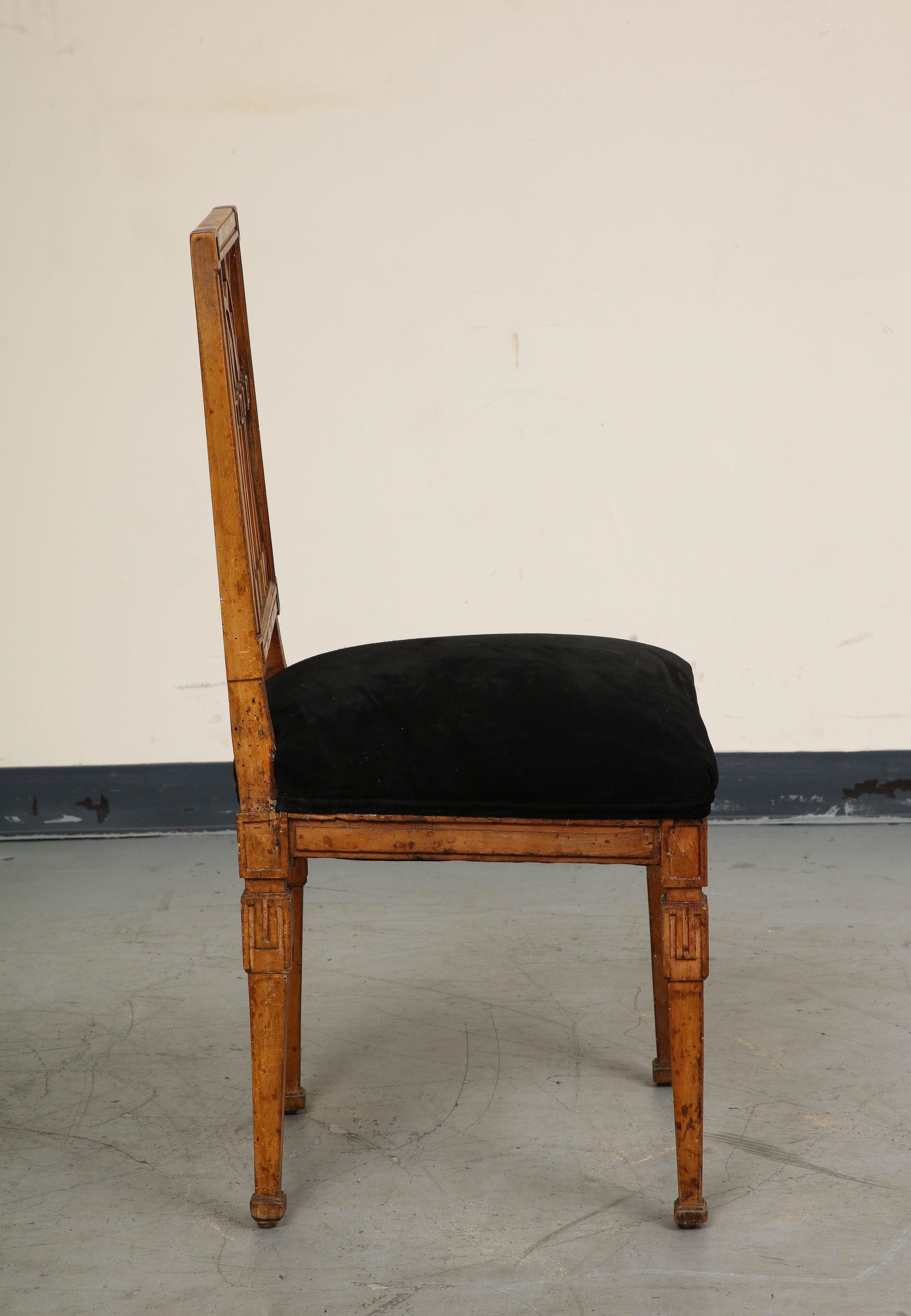 French Neoclassical Style Carved Oak Side Chair with Black Suede Seat 5