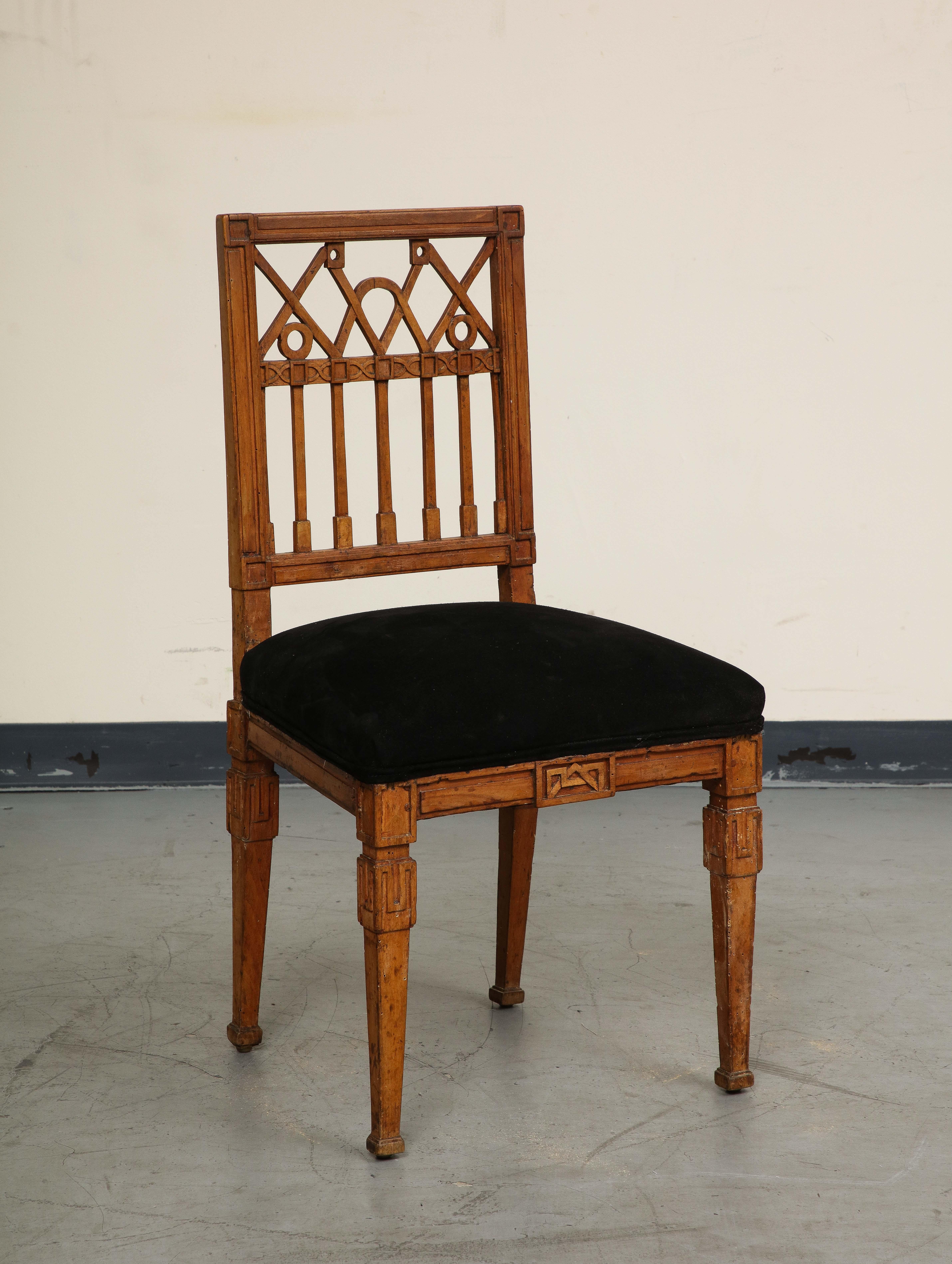 French Neoclassical Style Carved Oak Side Chair with Black Suede Seat 6