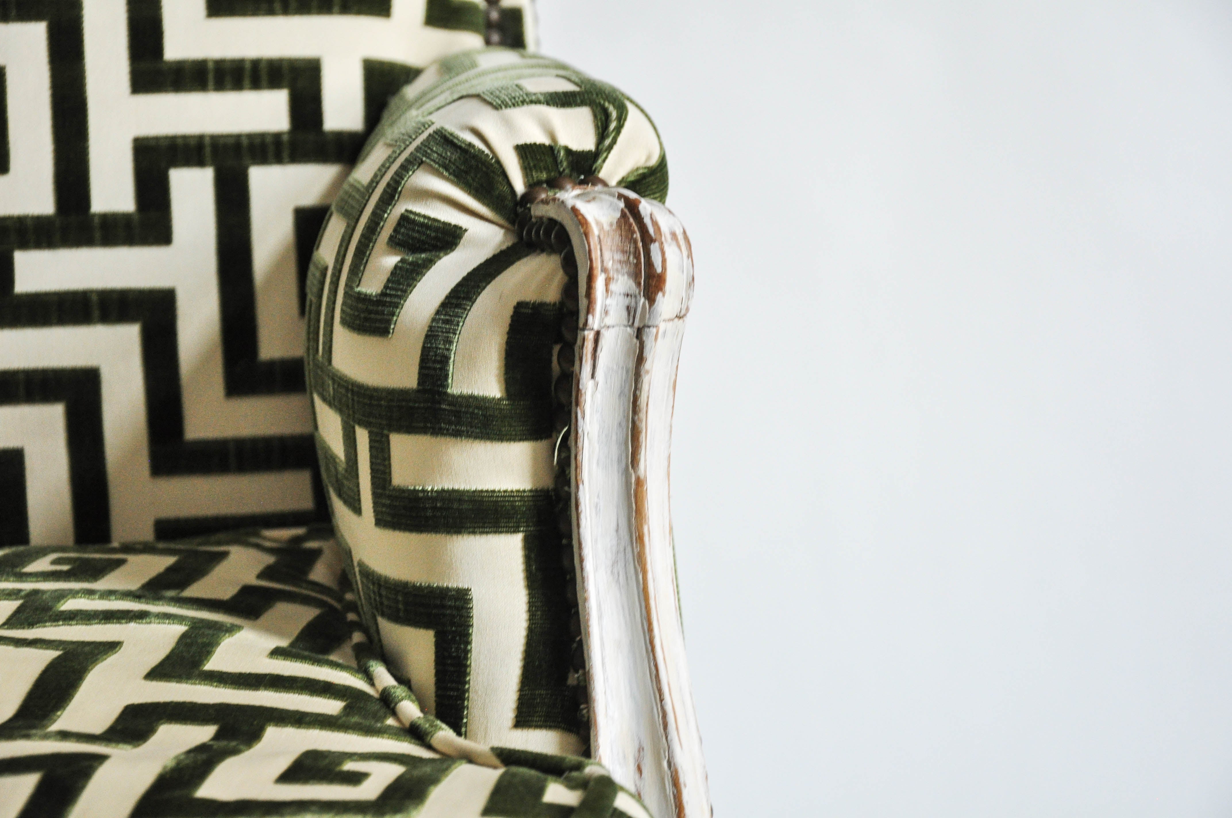 Painted Pair of Antique Bergère Chairs in Cut Greek Key Silk Velvet