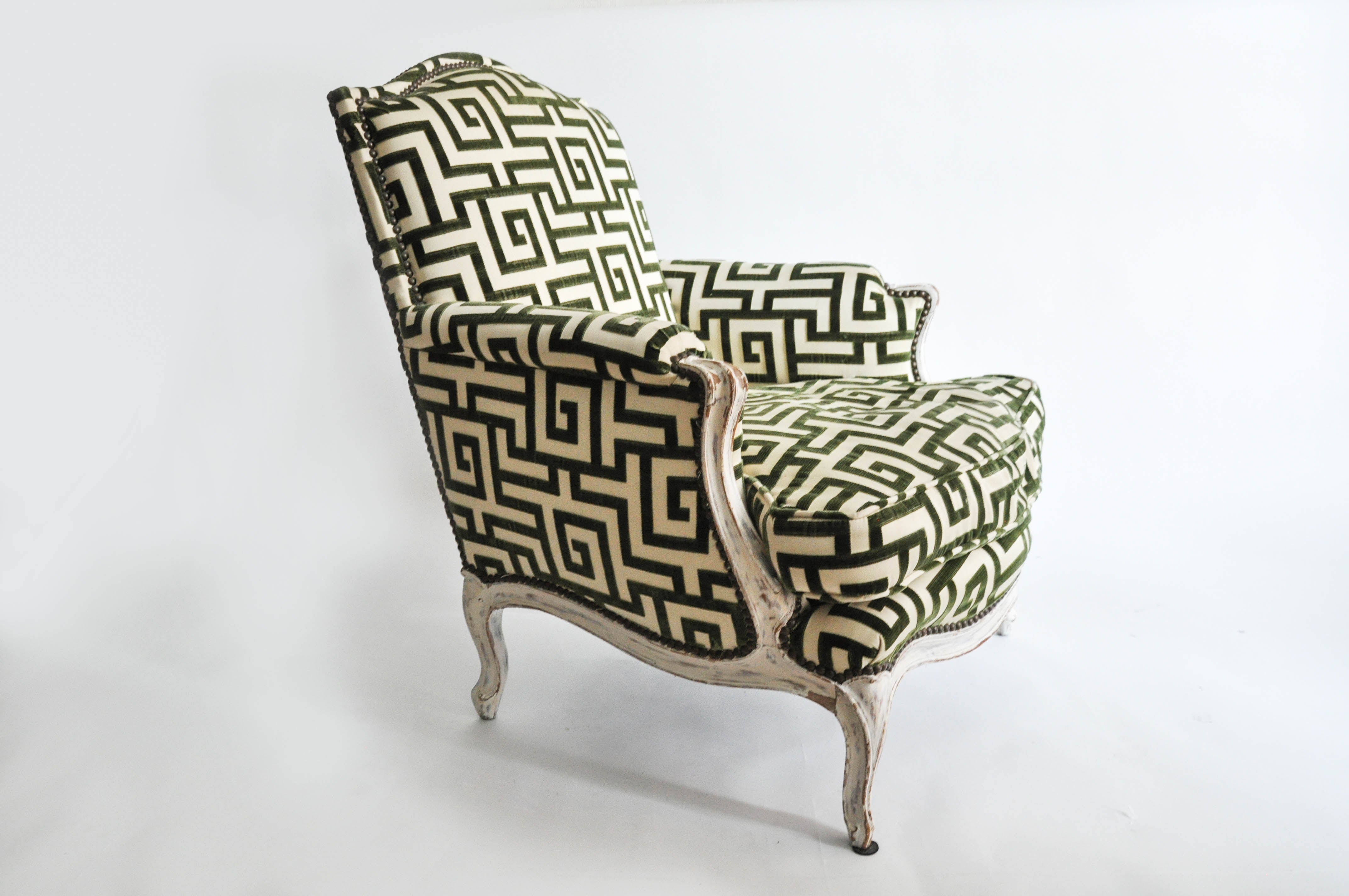 19th Century Pair of Antique Bergère Chairs in Cut Greek Key Silk Velvet