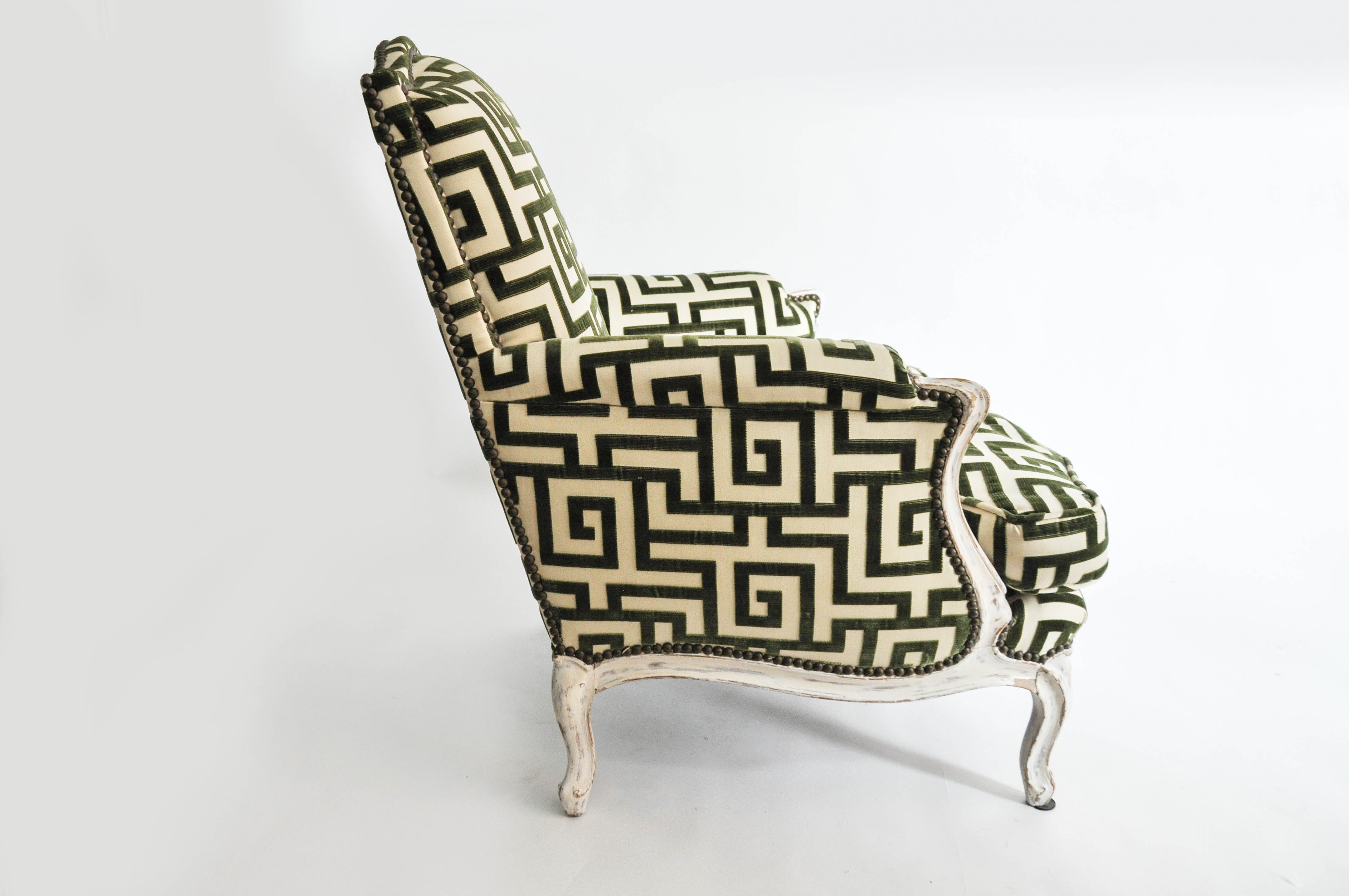 Pair of Antique Bergère Chairs in Cut Greek Key Silk Velvet 1