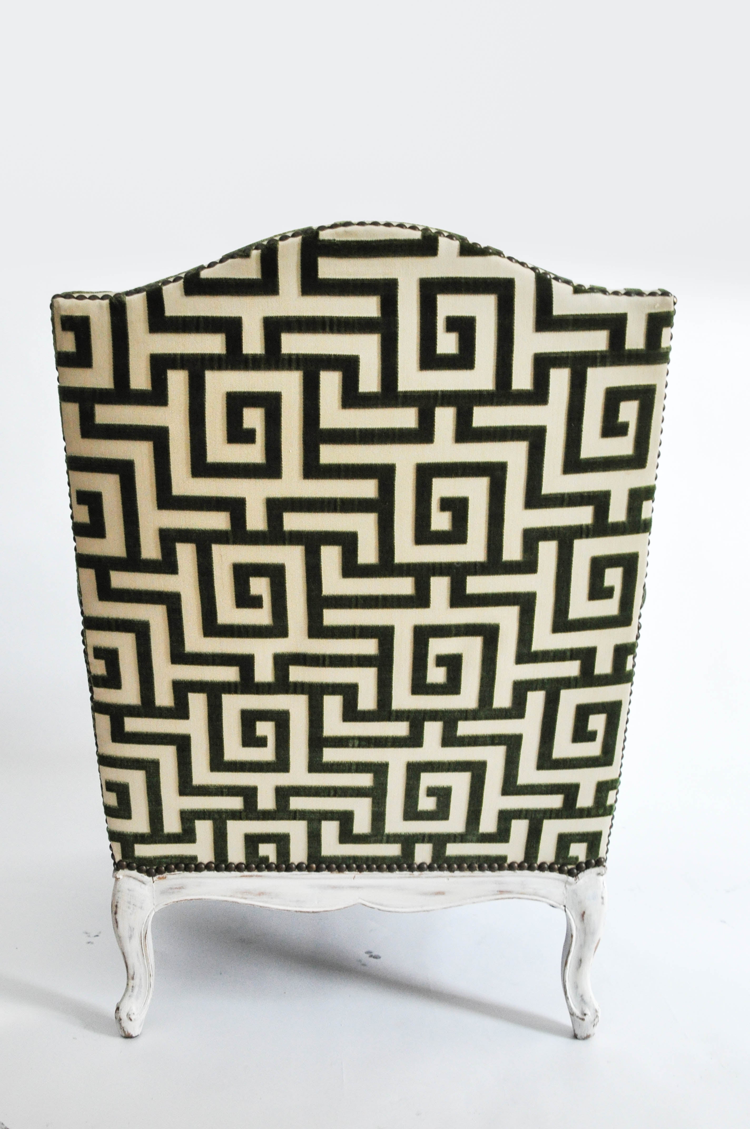 Pair of Antique Bergère Chairs in Cut Greek Key Silk Velvet 2