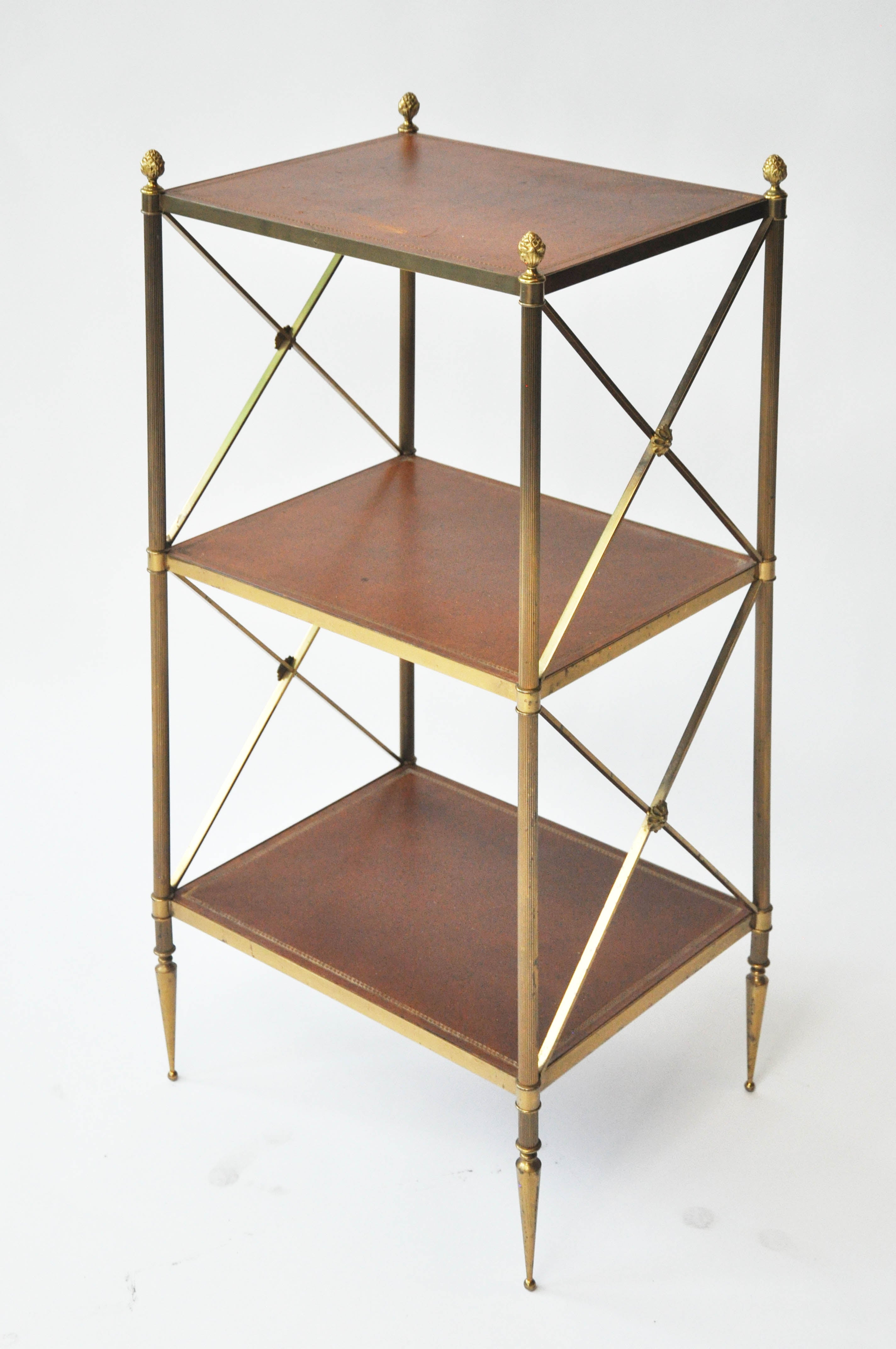 20th Century French Leather and Brass 3-Shelf Étagère