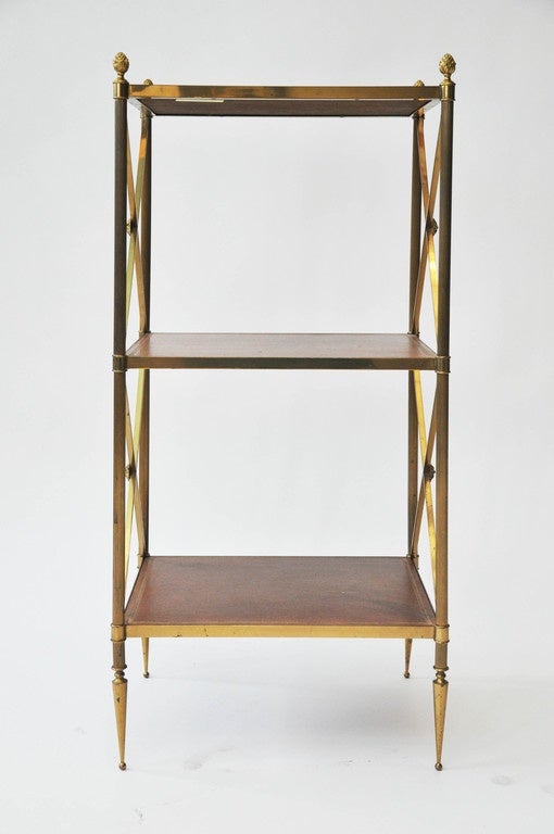 20th Century French Leather and Brass 3-Shelf Étagère For Sale 3