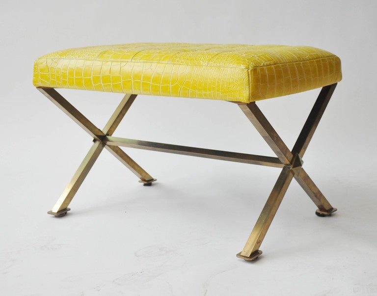 Mid-Century Modern Midcentury Brass X-Frame Bench with Yellow Alligator Button Tufted Top